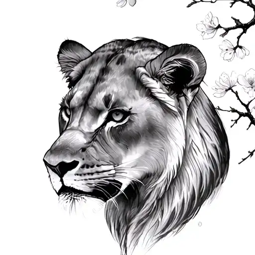 Sketch Of Tattoos Simple Muzzle Of A Lioness And A Twig Of Sakura In The Background
