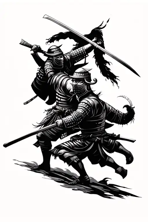 Japanese Tattoo Of Two Samurai On Battle Protecting Each Other For Ever