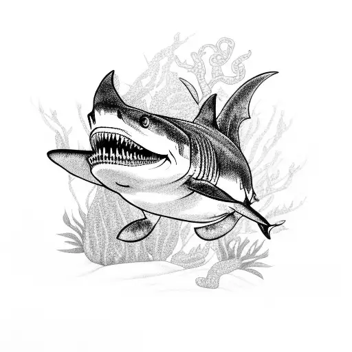 An Intricate Black And Grey Design Of A Shark Surrounded By Tropical Flowers