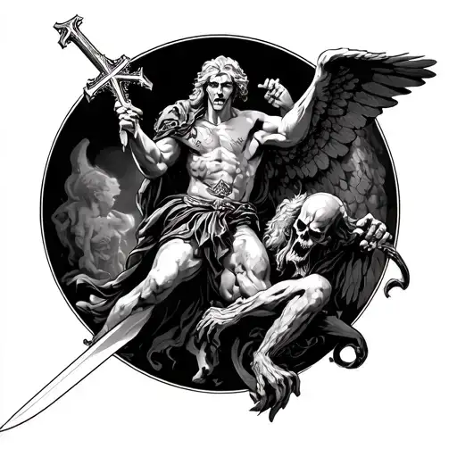 Archangel Michael Striking Down Satan With Cross Sword Plus A Remembarance Of Dead Grandma