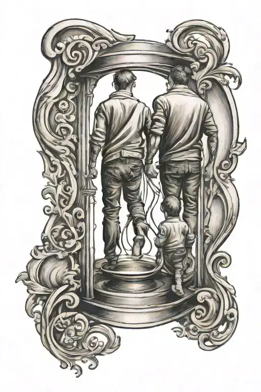Father And Son Walking In An Hourglass From Behind