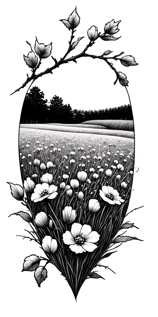 Blackwork Tattoo Of Serene Prairie Landscape With Hawthorne Branch With Flowers In Foreground