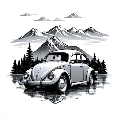 Country With Vw Beetle Mountains Lakes Silhouette