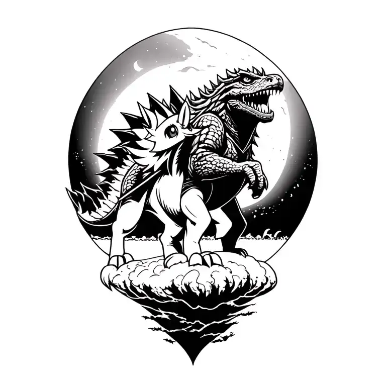 My Little Pony Riding A Godzilla In A Japanese Moonlight