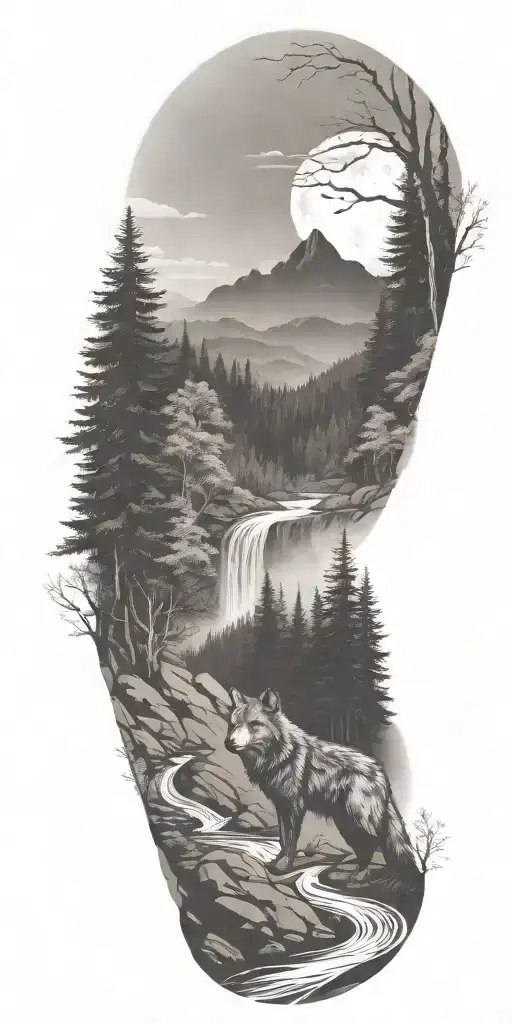 A River Winding Through A Forest Leading To Mountains With Wolf