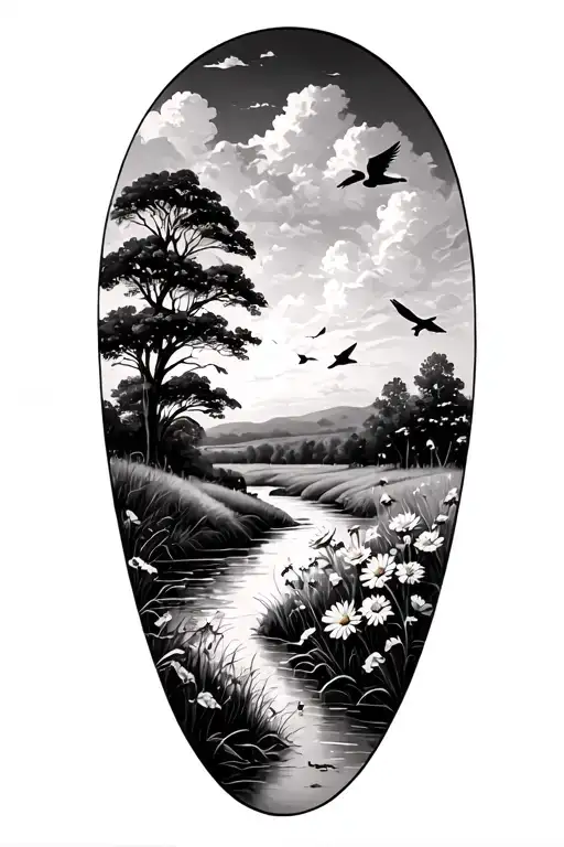 Realism Prairie Landscape With A Flowing River And Flowers And Birds Flying