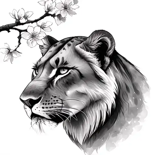 Sketch Of Tattoos Simple Muzzle Of A Lioness And A Twig Of Sakura In The Background