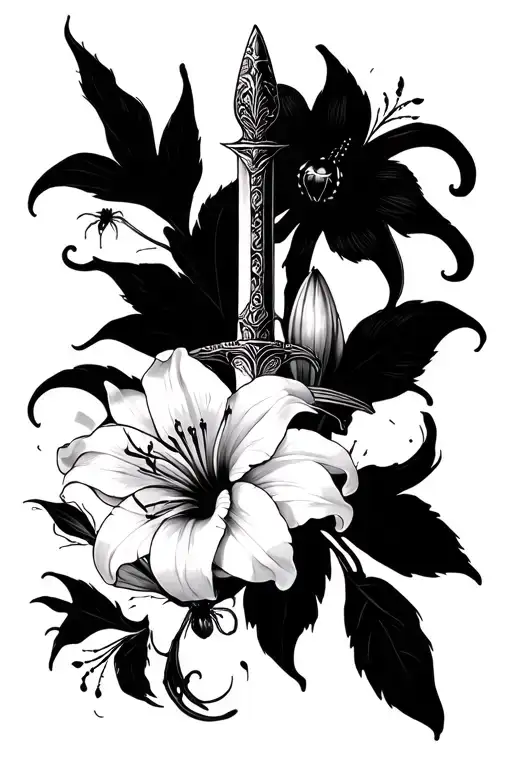 Dagger Tattoo With Spider Lilies And A Black Widow With Gemini
