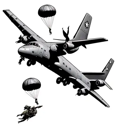 Black And White Military Soldiers Jumping Out Of A C-130 With Parachutes