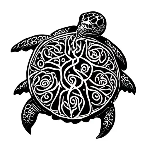 Small Ankle Tattoo Of A Sea Turtle In Maori Art With Celtic Tree Of Life Included Within