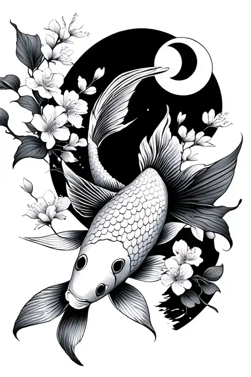 Koi Fish With Moons And Cherry Blossoms
