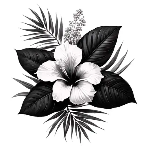 Palm Branches And Hibiscus Flowers Large Black Leaves
