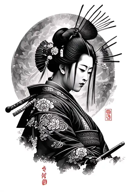 Samurai Warrior With A Geisha