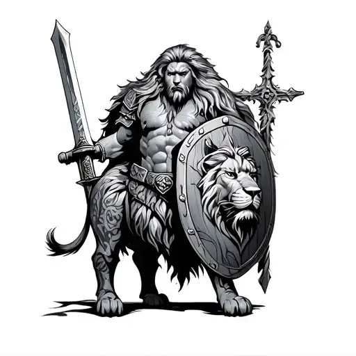 Viking And Lion With Sword And Shield Adorned With Intricate