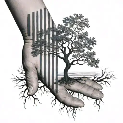 A Black-grey Tattoo Of A Barcode Tree With Roots Wrapping Around A Hand