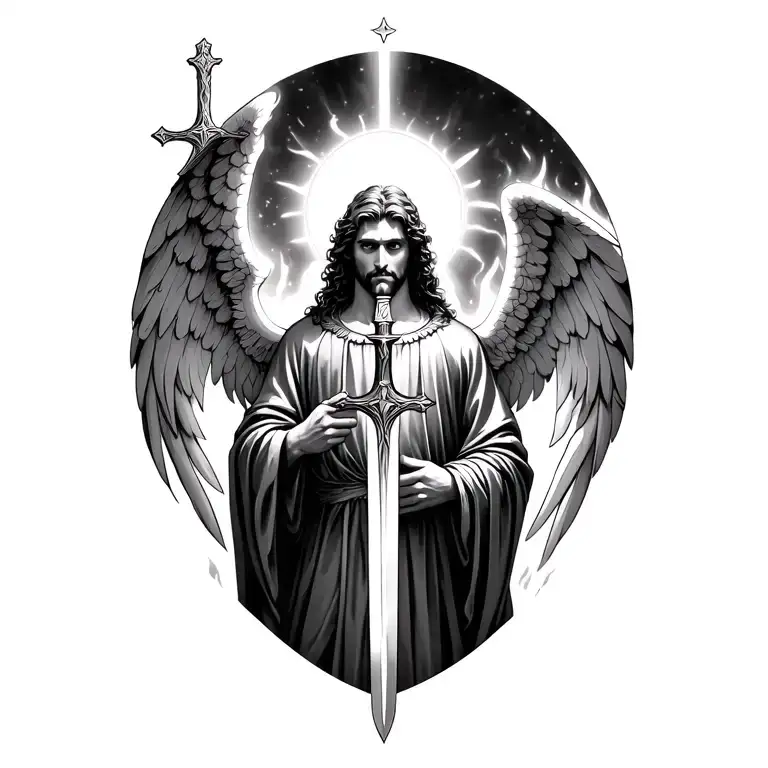 Archaengel Michael With Sword And Cross And Halo Emerging From Hell