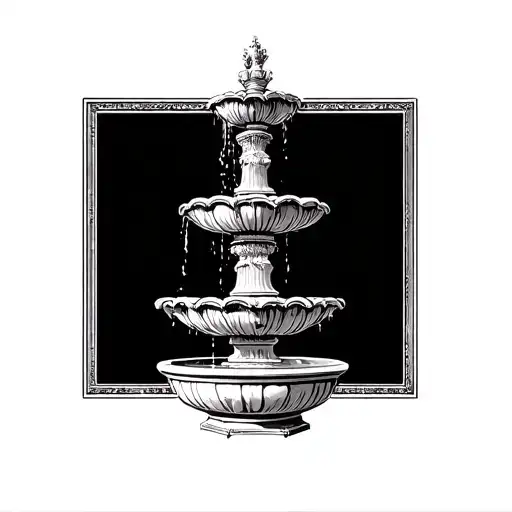 A Tall White Three Tiered Fountain With A Black Square As The Background