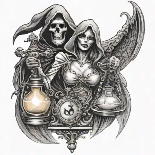 Felmale And Grim Reaper Holding Hourglass