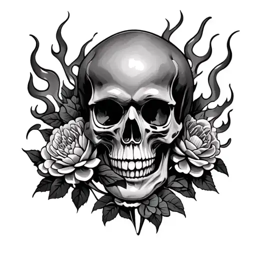 Skull Lantern Flames Carnations On Chest