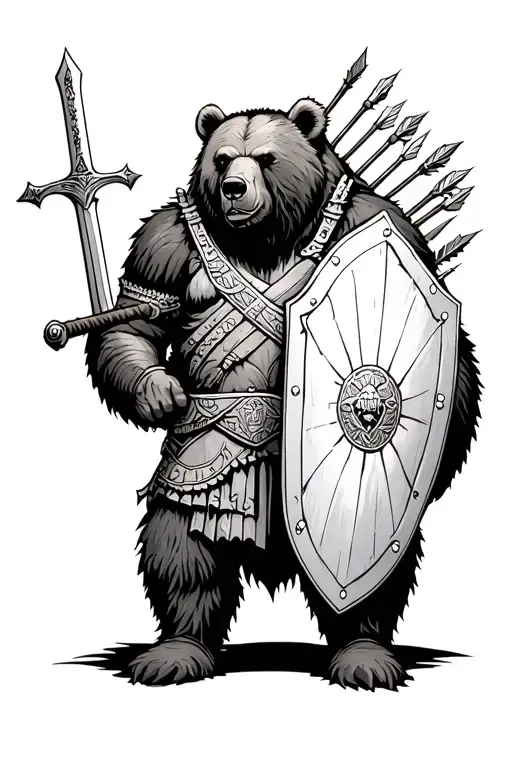 Big Bear With Roman Warrior Holding His Sword And A Shield Full Of Arrows
