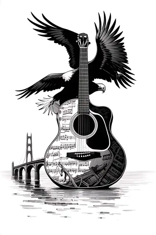 Acoustic Guitar With Country Music Sheets And A Bridge With An Eagle Crossing Over Water
