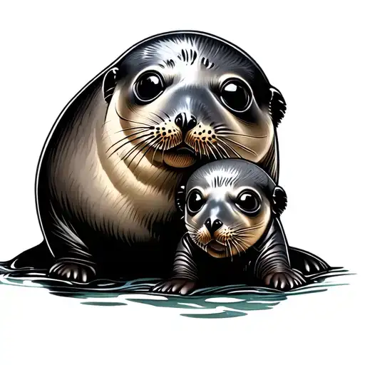 Mom And Baby Seal Outline