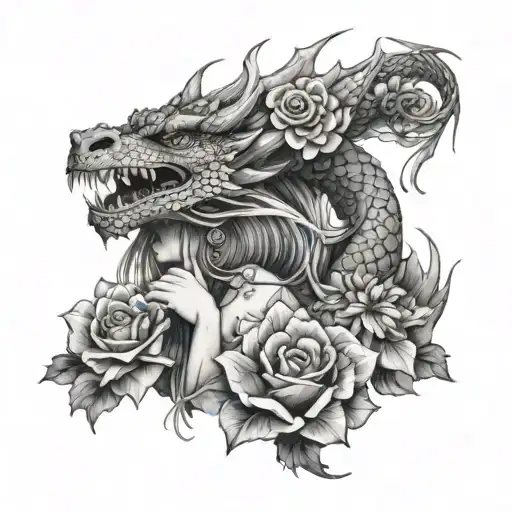 Woman With Dragon Wrapped With Flowers