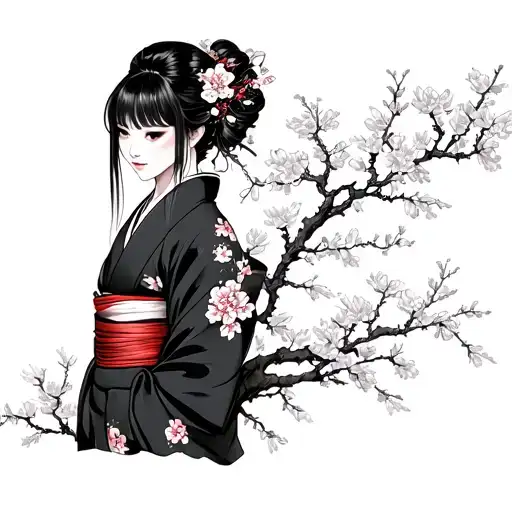 Yoko Ichihara In Kimono In Cherry Blossom Background