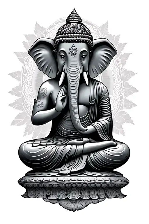 Buddha With Elephant Adorned With Traditional