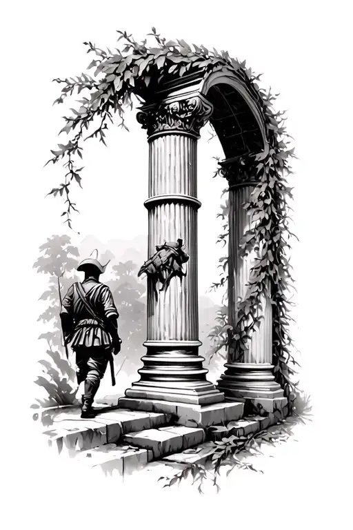 Roman Pillar Archway Wrapped In Vines With Soldier Stepping Through