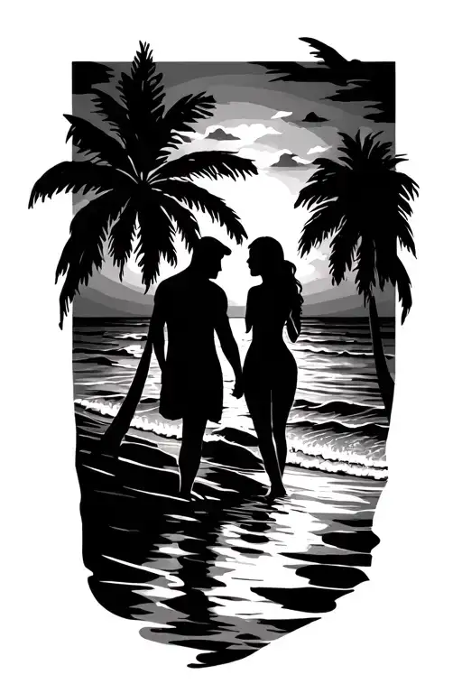 Sunset Couple Beach Scene No Palm Trees