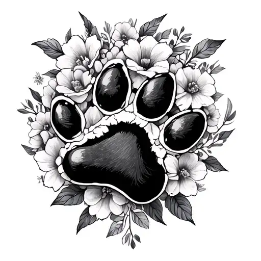 Dog Paw Print Surrounded By Flowers Intertwined
