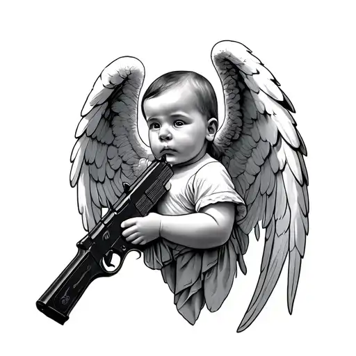 Angel Baby With Gun In A Hand Holding