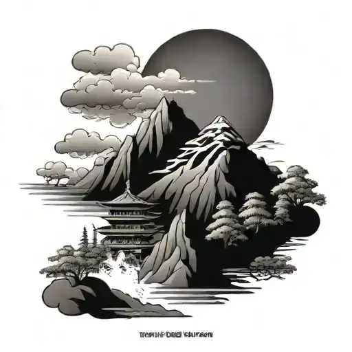 Japanese Tower And Mountain Range