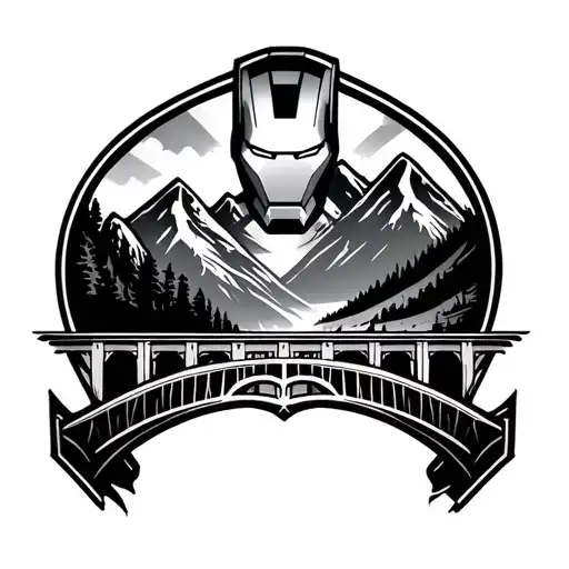 Ironman Tattoo With Mountains And Bridge Inside Logo