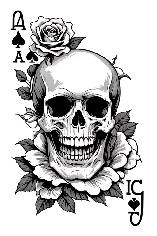 Skull With Ace Of Spades And A Rose Surrounded