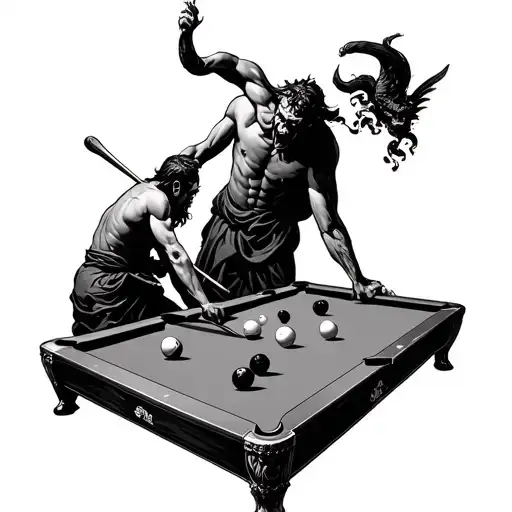 Black And White Tattoo Of God And The Devil Playing A Very Heated Game Of Pool