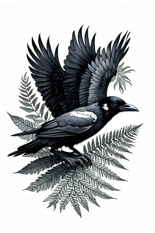 Flying Crow And Fern Leaf