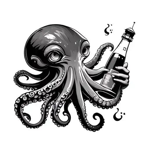 Anchow With Octopus Holding A Bottle With Light House In Background