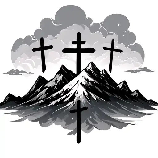 3 Crosses On A Mountain With Clouds Surrounding