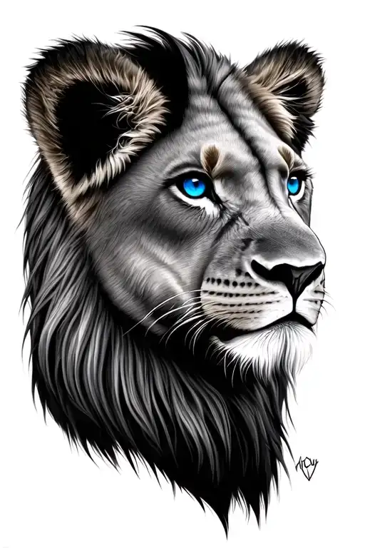 Half Lion Cub Face With Blue Eyes And Half Lion Face With Blue Eyes
