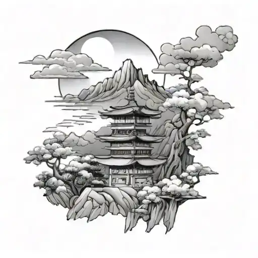 Japanese Tower And Mountain Range