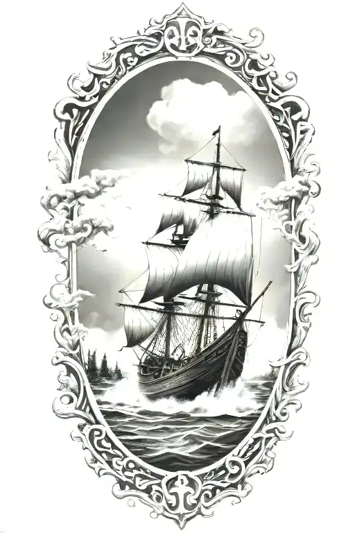 Viking Ship Sailing Through Stormy Sea With Oak Trees