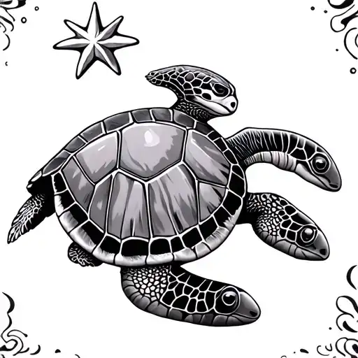 Star And Sea Turtle Swimming