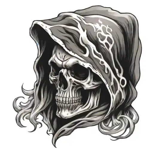 Skull Wearing Hood And Gray Flame Around It