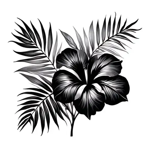Palm Branches And Hibiscus Flowers Large Black Leaves