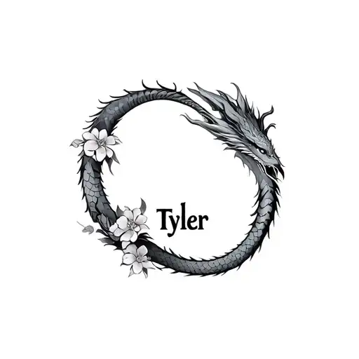 Tyler With An R Turning Into An Asian Dragon That Go Around The Word Tyler With Some Flowers