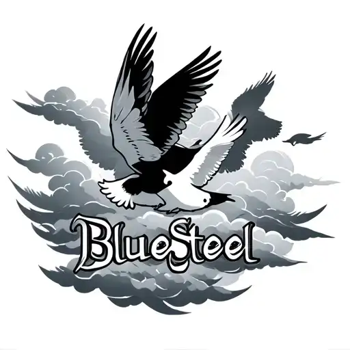 The Words Bluesteel With Doves And Clouds As A Background