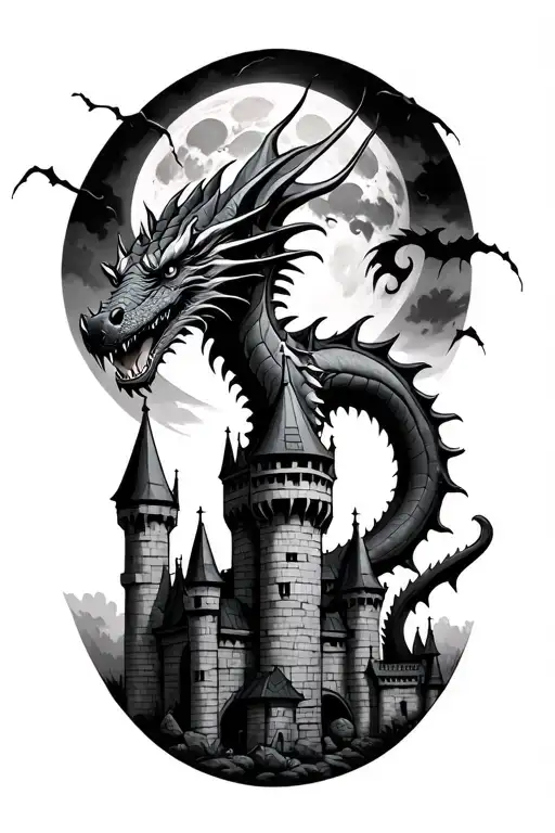 Dragon On Castle With Full Moon In The Background