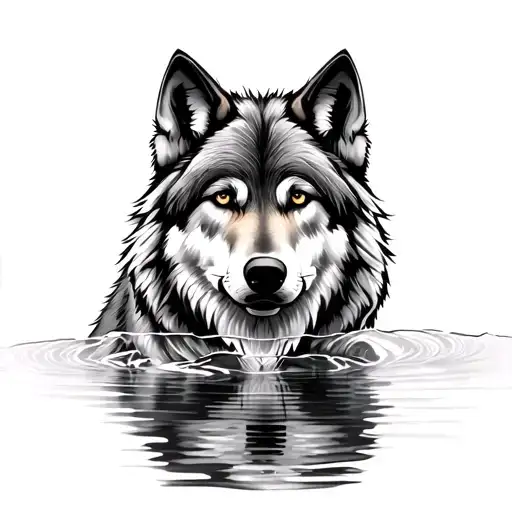 Wolf With Mirrored Reflection In Water